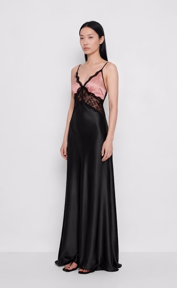 CALISTA LACE TRIM SATIN MAXI DRESS BLACK