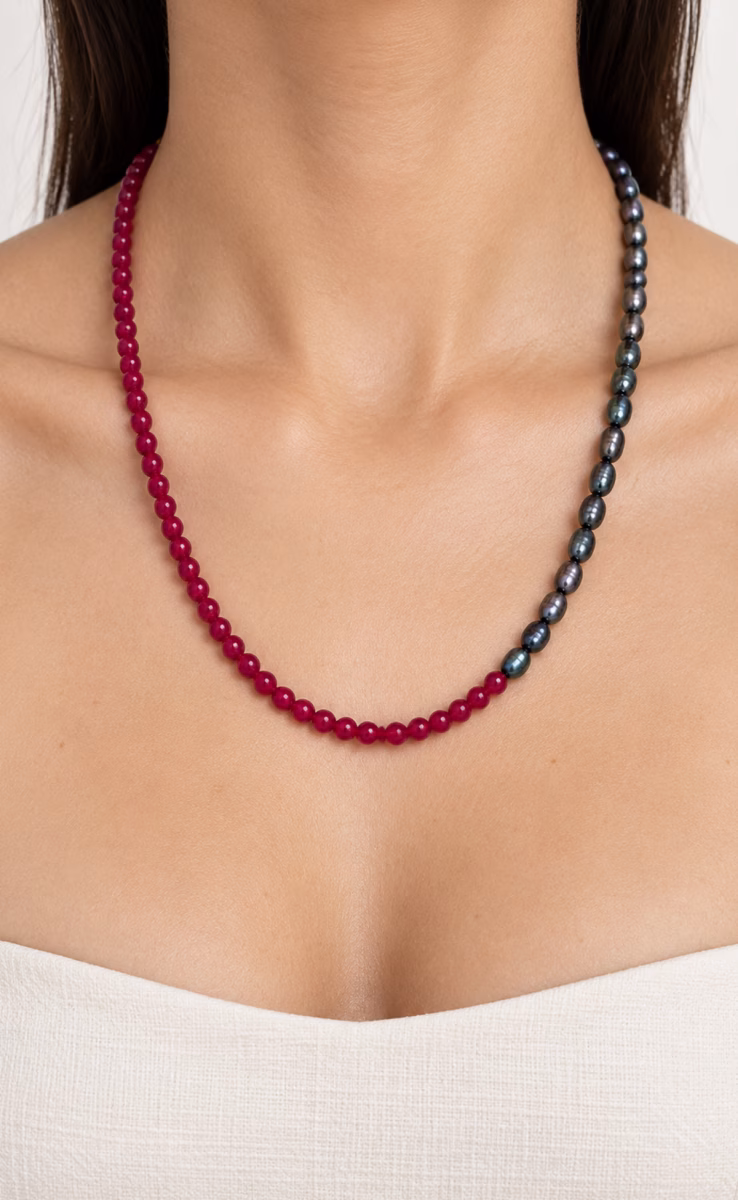 NECKLACE BLACK PEARL & APATITE 925