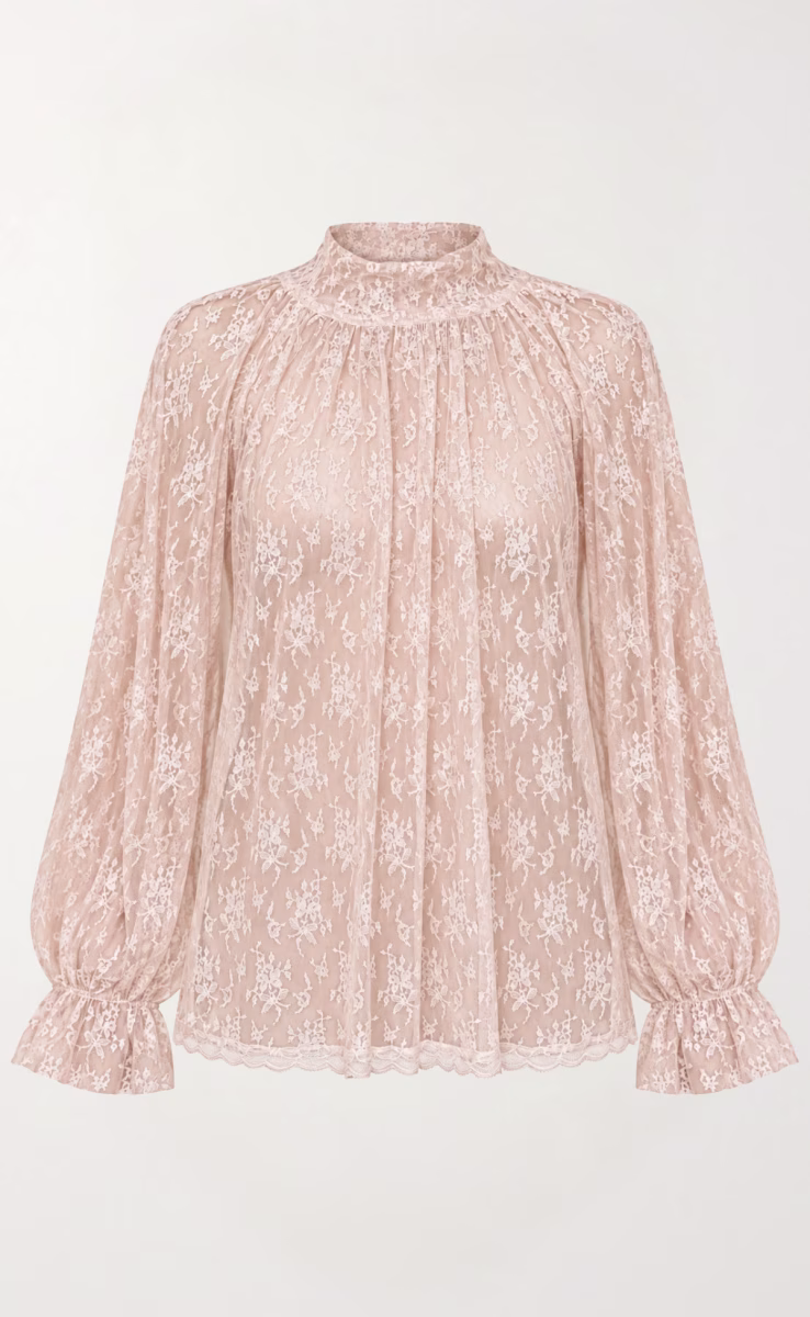 GINA HIGH-NECK SHEER LACE BLOUSE PINK