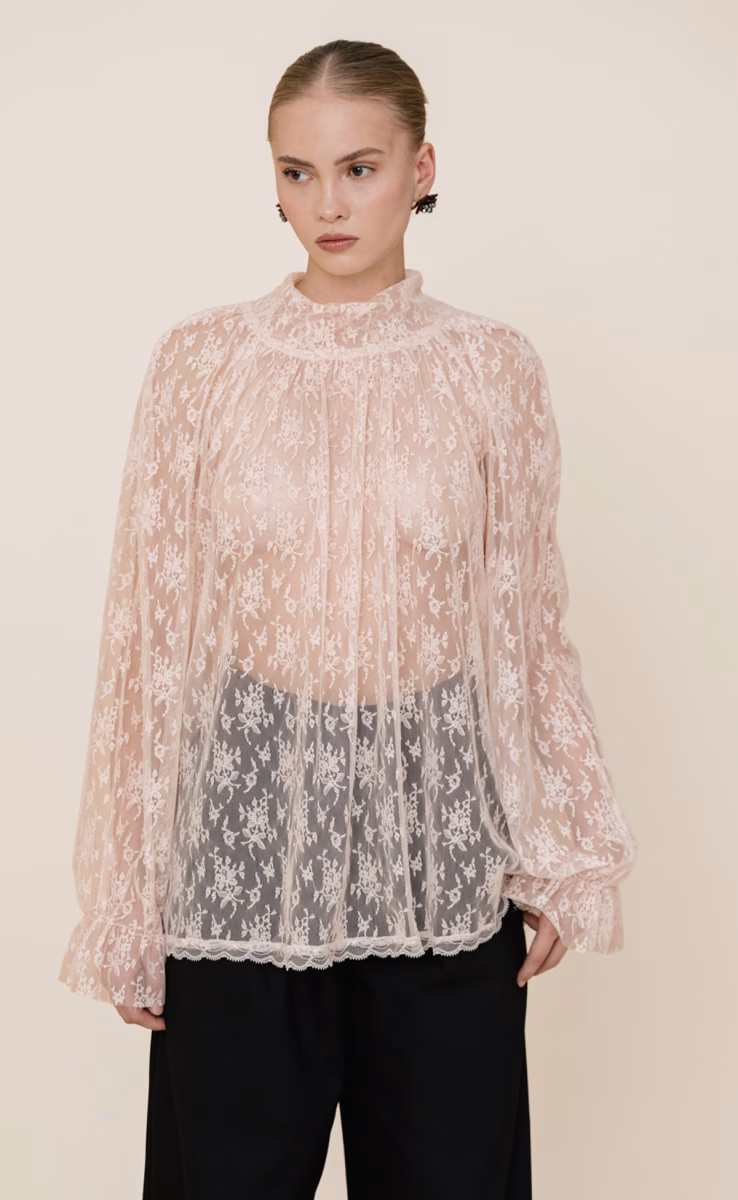 GINA HIGH-NECK SHEER LACE BLOUSE PINK