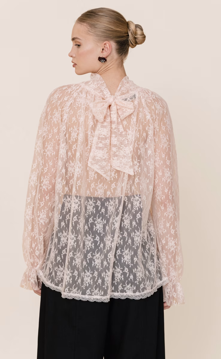 GINA HIGH-NECK SHEER LACE BLOUSE PINK
