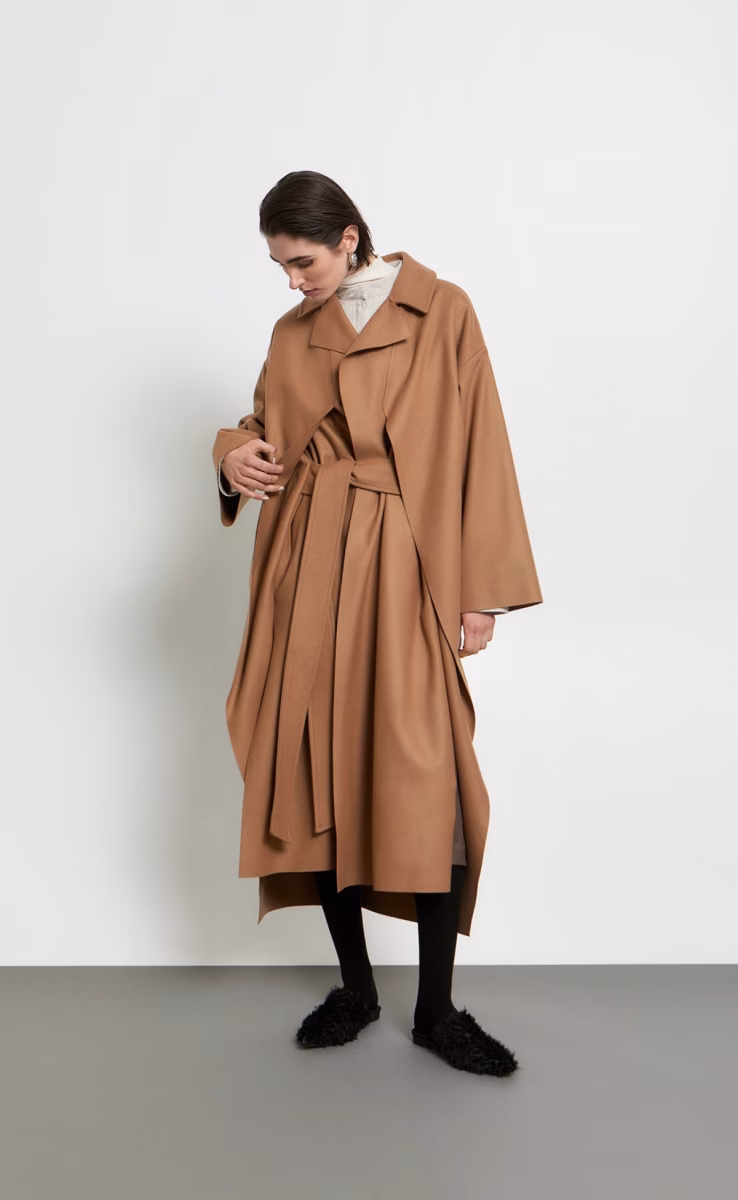 LONG COAT W26293 WITH BELT AND INNER PANELS TABAC