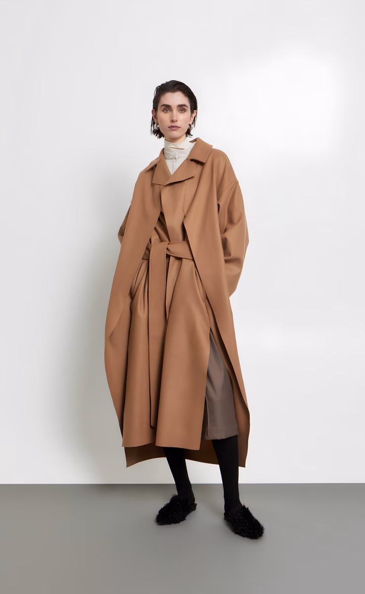 LONG COAT W26293 WITH BELT AND INNER PANELS TABAC