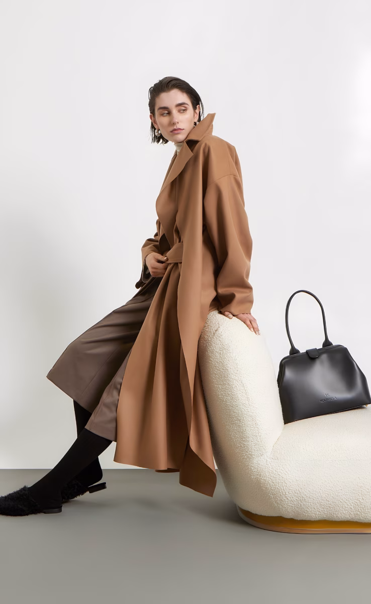 LONG COAT W26293 WITH BELT AND INNER PANELS TABAC