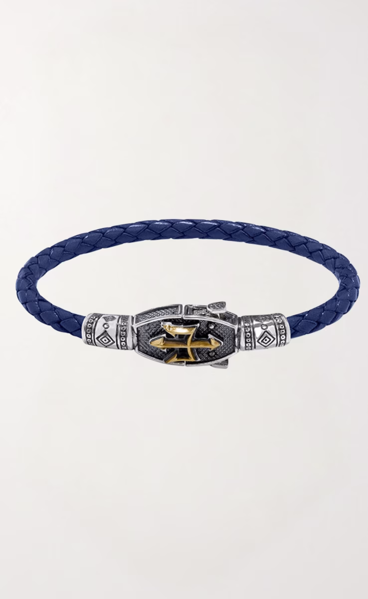 BLUE & GREY LEATHER BRACELET IN STERLING SILVER & BRONZE
