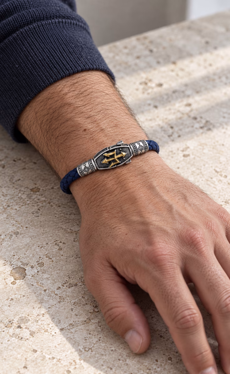 BLUE & GREY LEATHER BRACELET IN STERLING SILVER & BRONZE