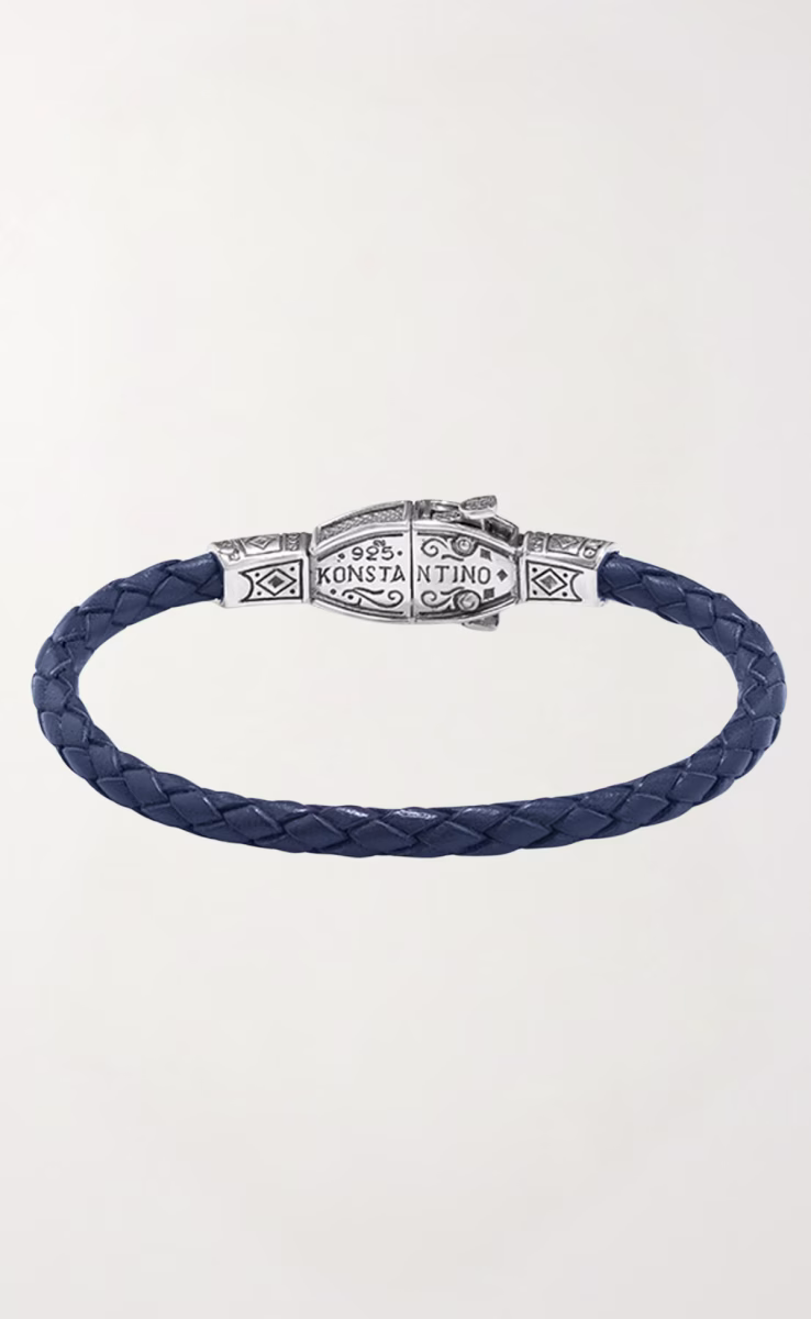BLUE & GREY LEATHER BRACELET IN STERLING SILVER & BRONZE