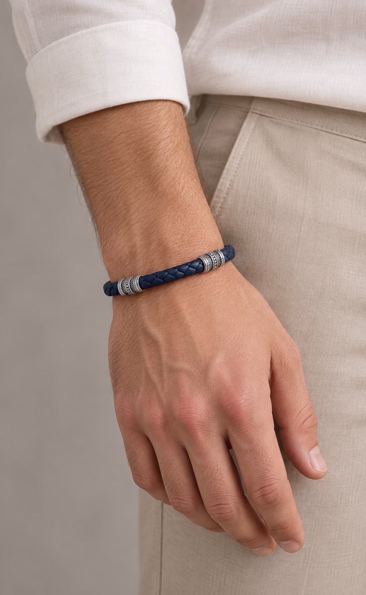 BLACK & GREY LEATHER BRACELET STERLING SILVER