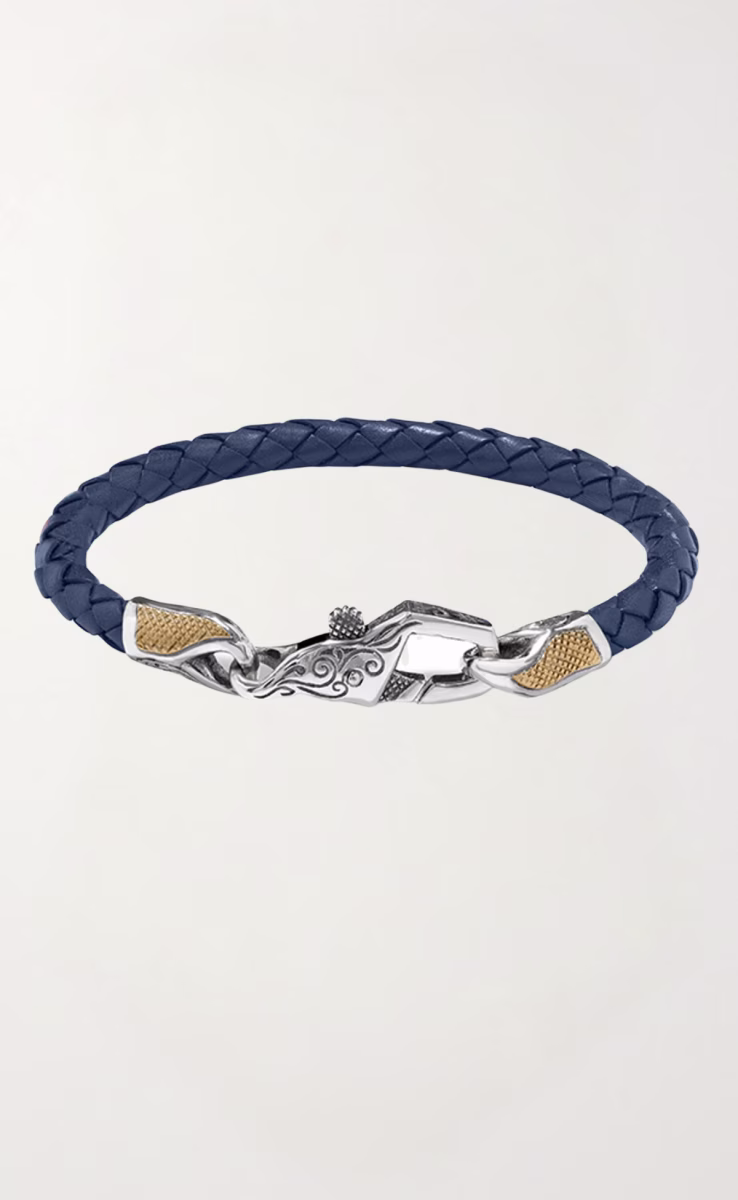 BLUE & GREY LEATHER BRACELET STERLING SILVER & BRONZE