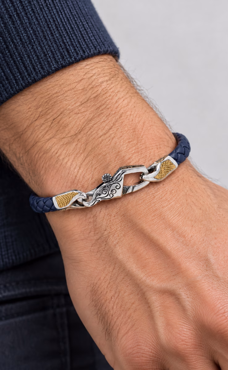 BLUE & GREY LEATHER BRACELET STERLING SILVER & BRONZE