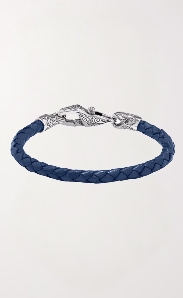 BLUE & GREY LEATHER BRACELET STERLING SILVER & BRONZE