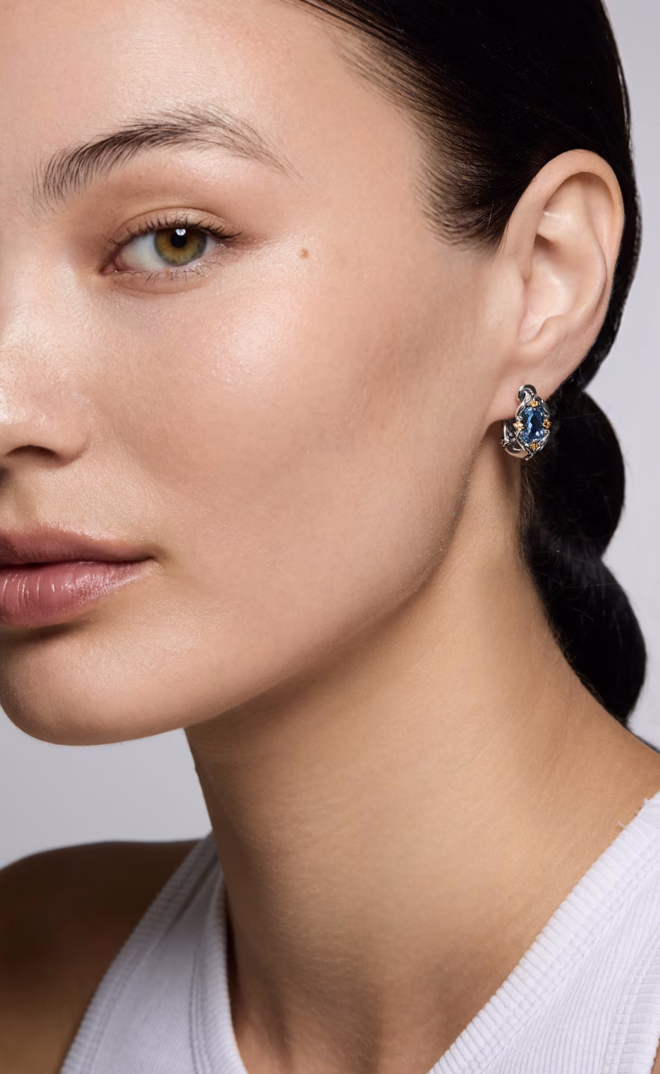 EARRINGS STERLING SILVER 925, GOLD 18K WITH BLUE SPINEL