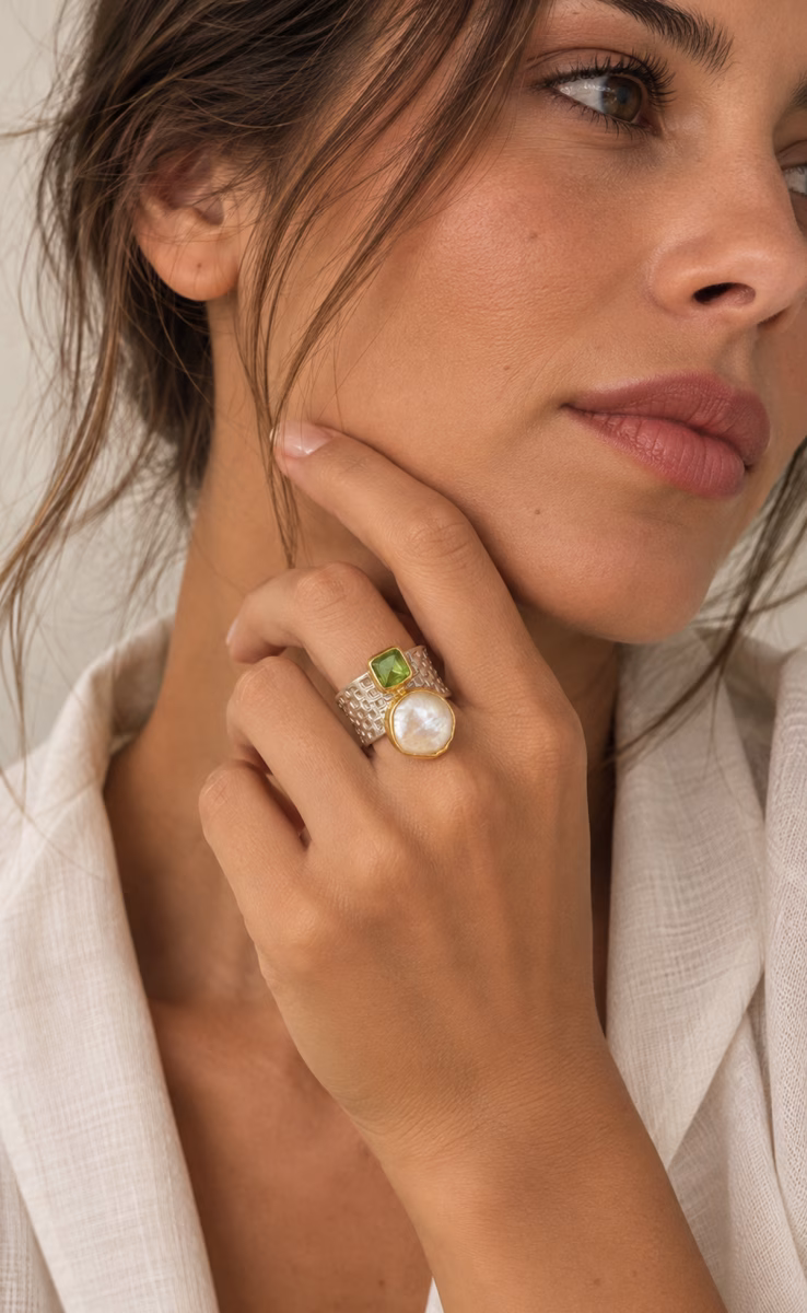 SILVER RING GREEN COPPER TURQUOISE & MOP