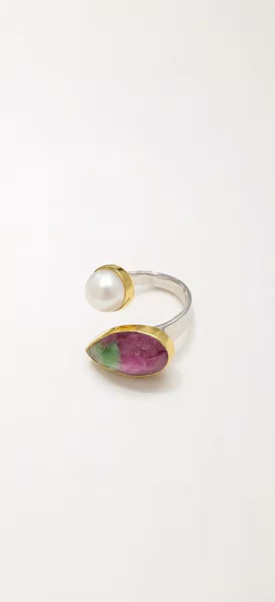 SILVER RING RUBY ZOISITE & PEARL