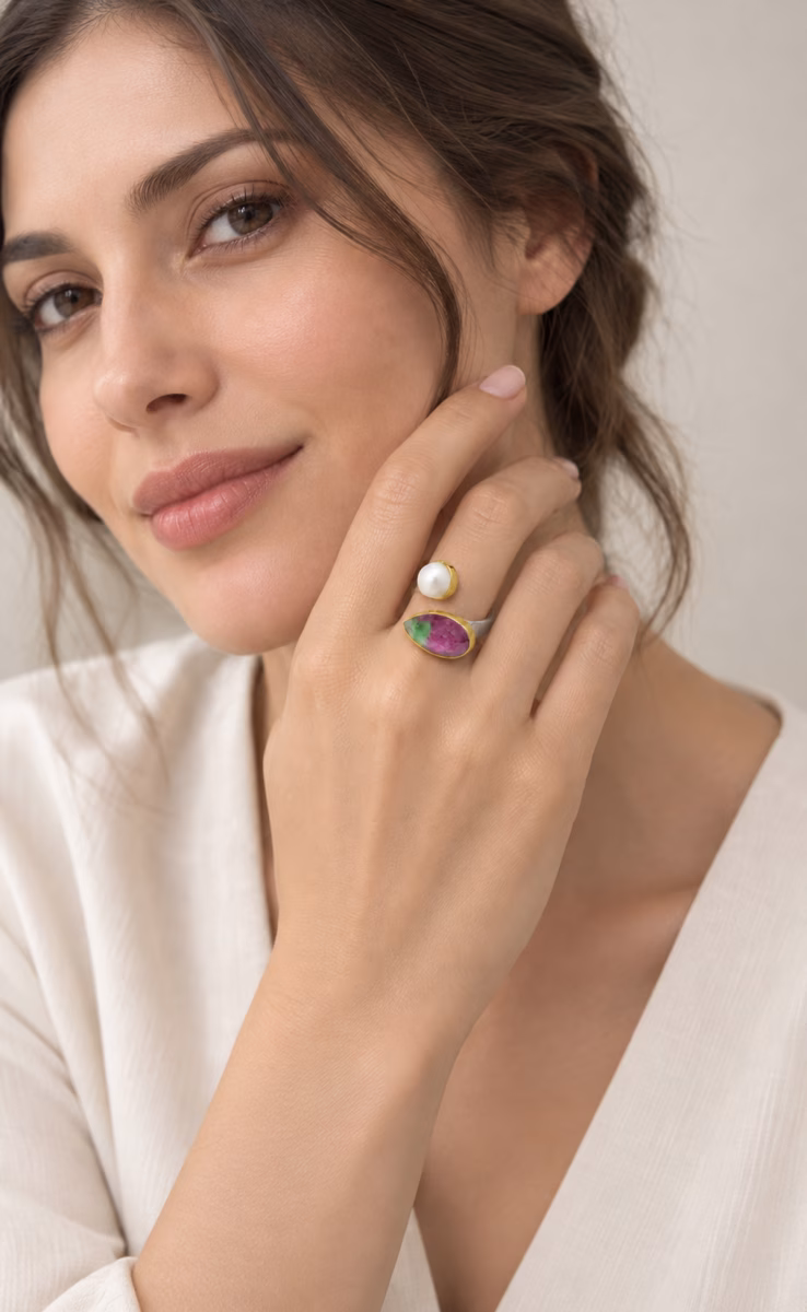 SILVER RING RUBY ZOISITE & PEARL