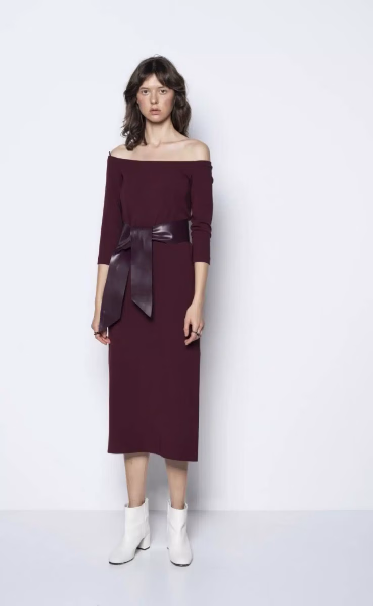 DRESS OFF SHOULDER FUNCTIONAL BORDEAUX