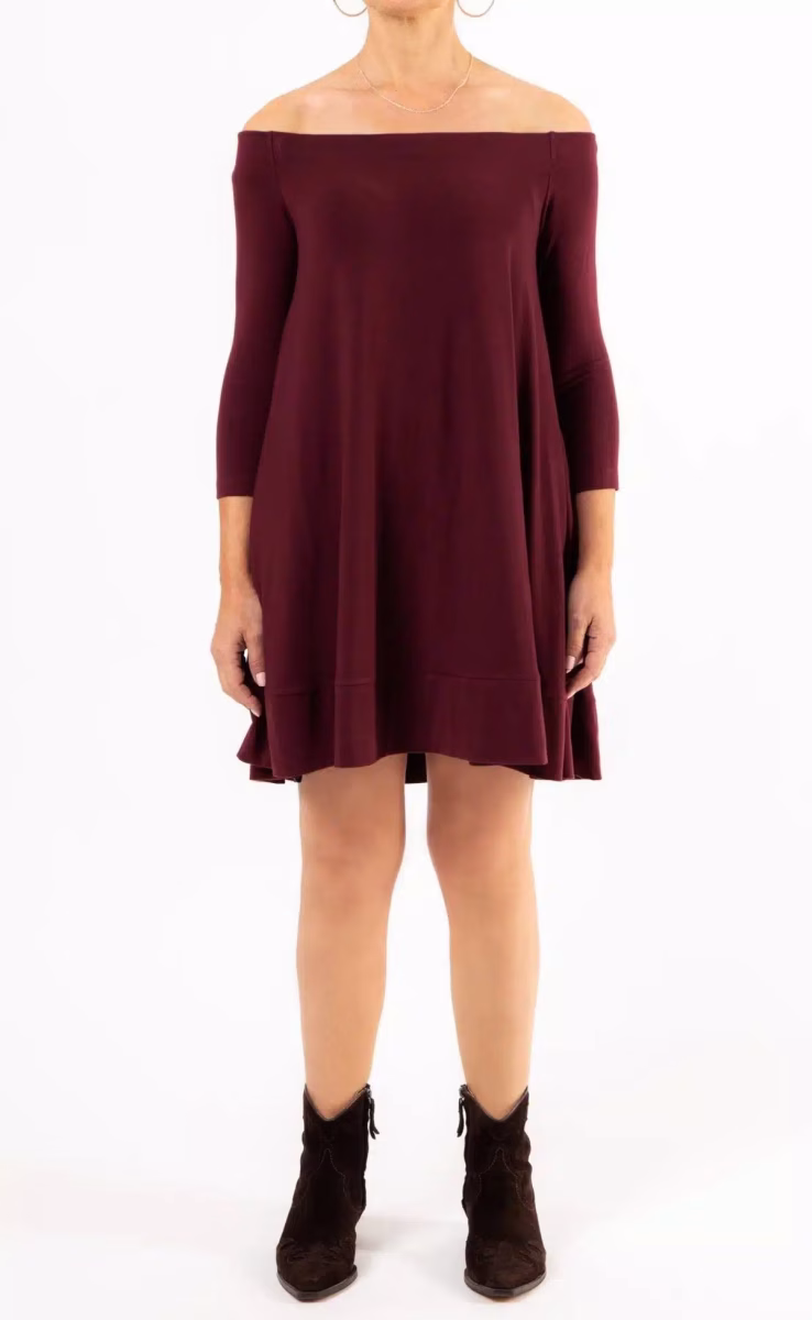 OFF SHOULDER VITAL MINI DRESS BORDEAUX