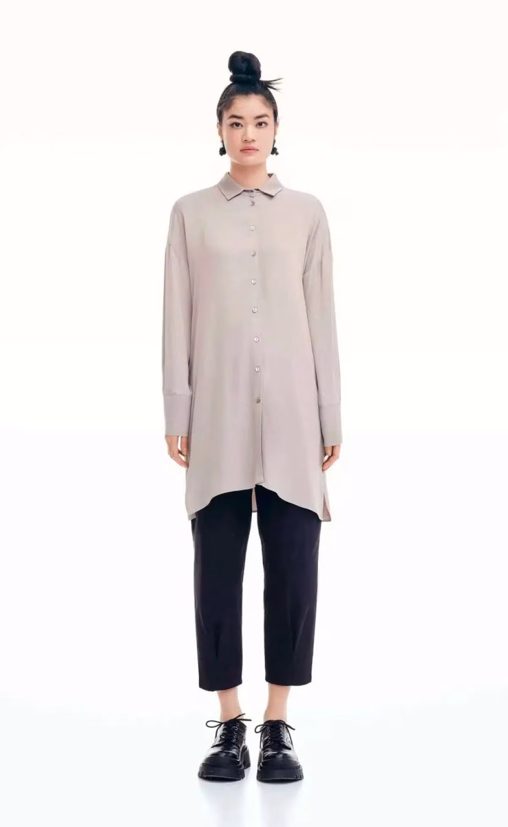 SHIRT DRESS WITH LONG BALLON SLEEVES AND SIDE POCKETS