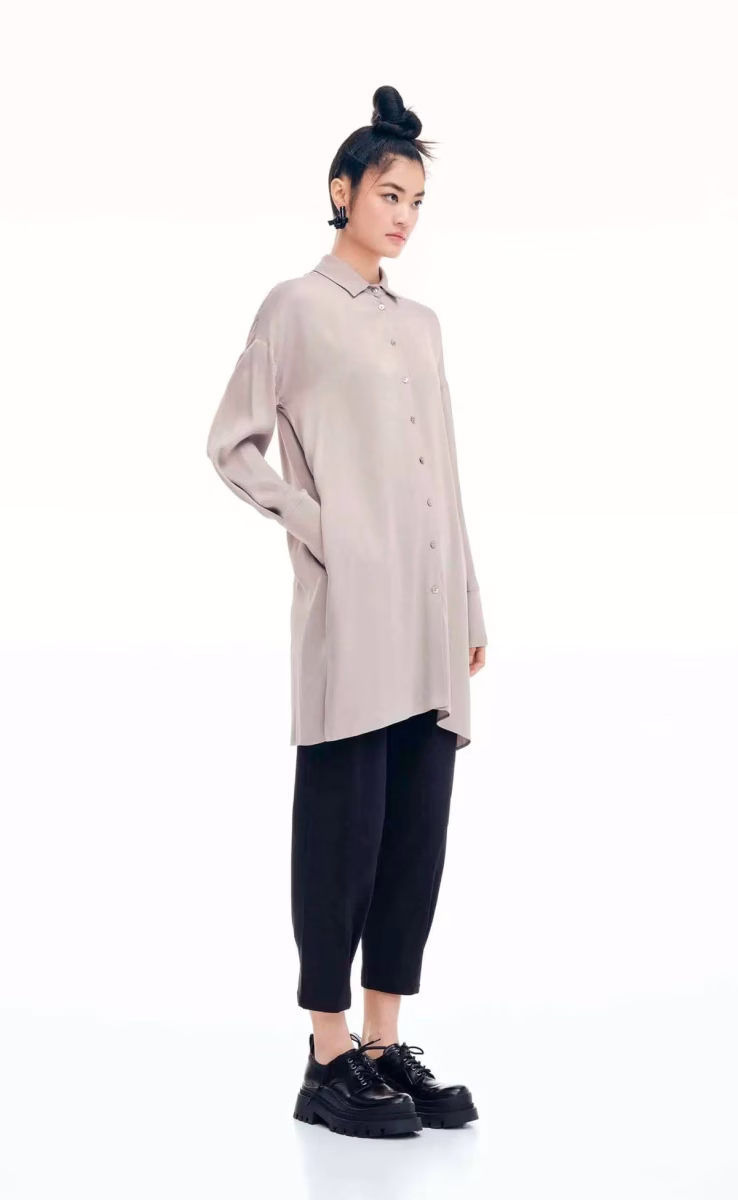 SHIRT DRESS WITH LONG BALLON SLEEVES AND SIDE POCKETS