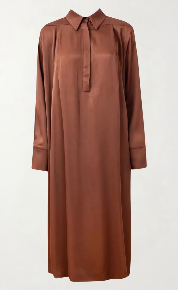 BROWN MIDI LONG-SLEEVE DRESS WITH BELT AND SIDE POCKETS