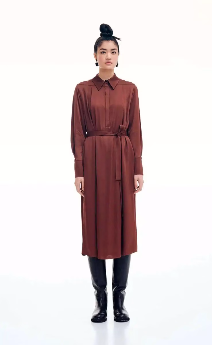 BROWN MIDI LONG-SLEEVE DRESS WITH BELT AND SIDE POCKETS