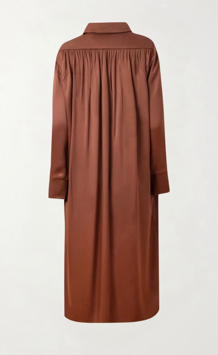 BROWN MIDI LONG-SLEEVE DRESS WITH BELT AND SIDE POCKETS
