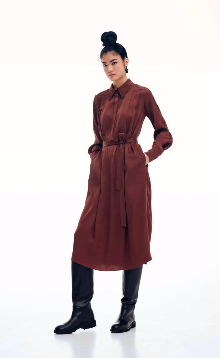 BROWN MIDI LONG-SLEEVE DRESS WITH BELT AND SIDE POCKETS