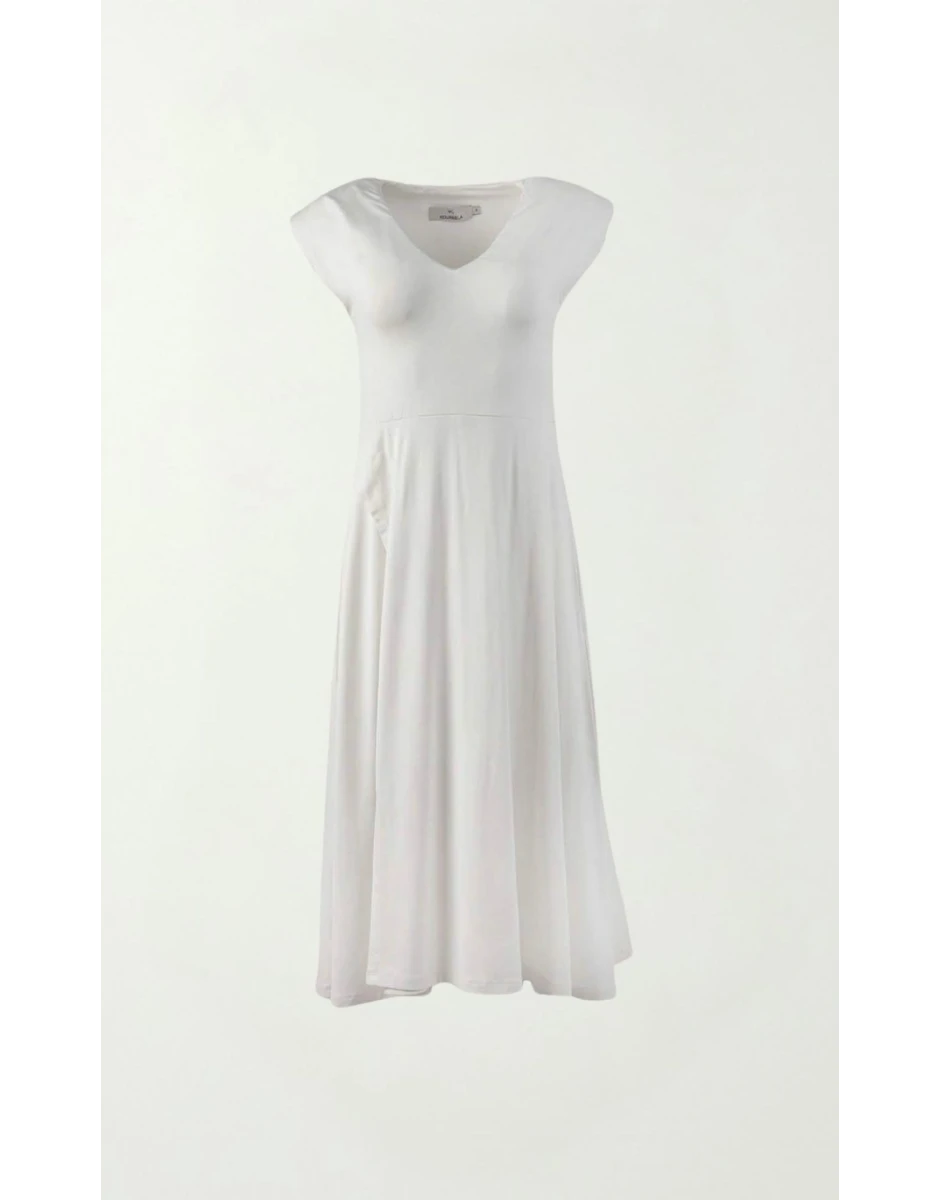 V-NECK MIDI DRESS WITH SHOULDER PADS ECRU