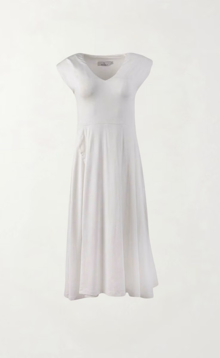V-NECK MIDI DRESS WITH SHOULDER PADS ECRU