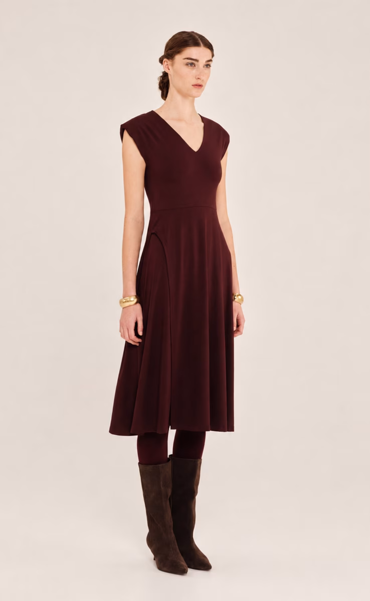 V-NECK MIDI DRESS WITH SHOULDER PADS VINTAGE BROWN