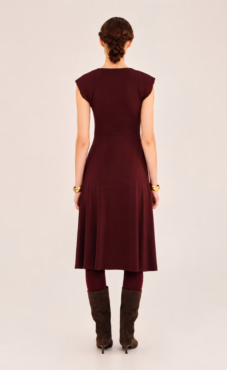 V-NECK MIDI DRESS WITH SHOULDER PADS VINTAGE BROWN